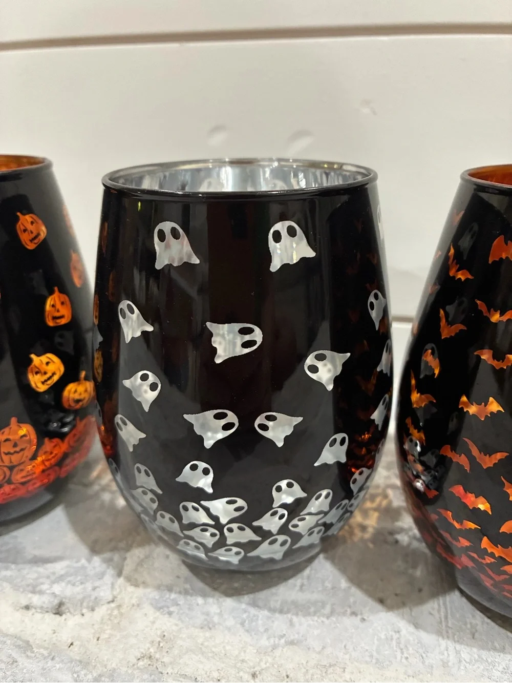 Halloween Glass Votive Set - Black with Orange and White Accents